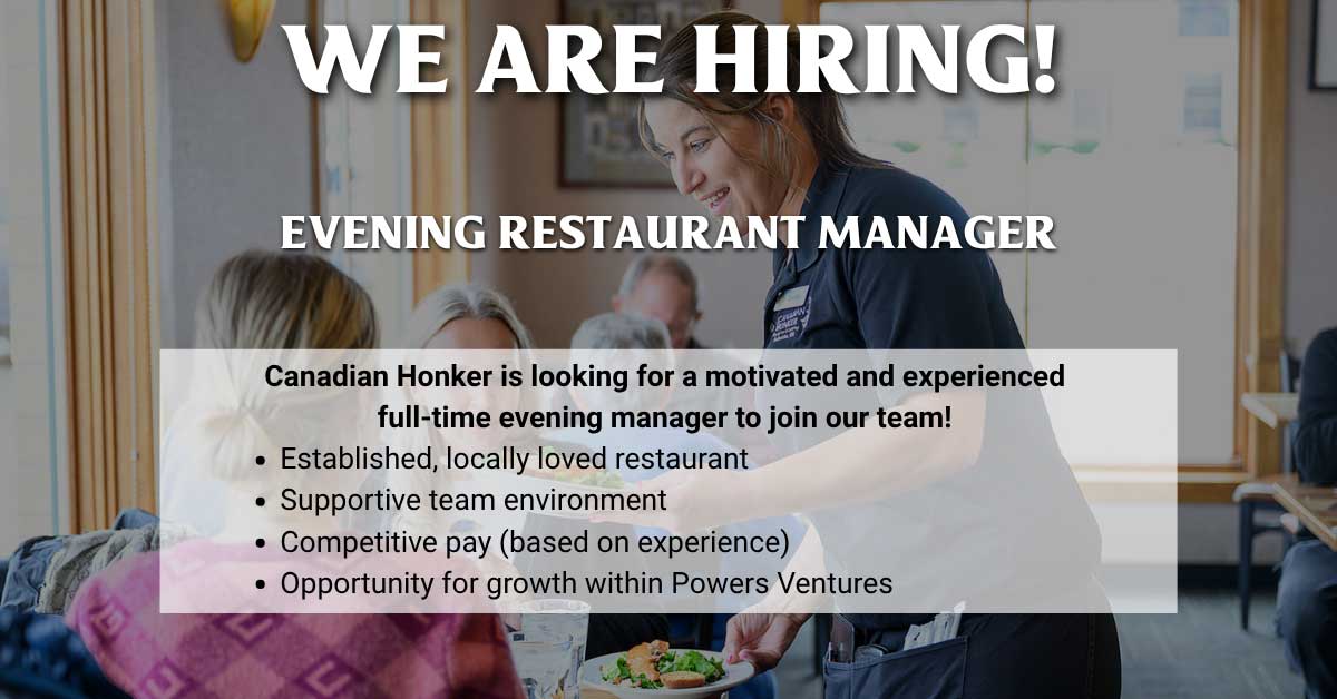 Canadian Honker Employment: Smiling employee serves table, seeking evening restaurant manager applicants.